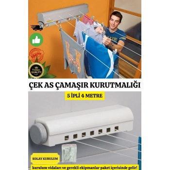 ÇOK SATAN Lüx Çamaşır Kurutmalık Çek As 5 İpli 4 Metre Kolay Kurulum Açılır Kapanır Ergonomik Dayanıklı