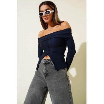 ÇOK SATAN Madonna Yaka Düğmeli Bluz Lacivert t4329