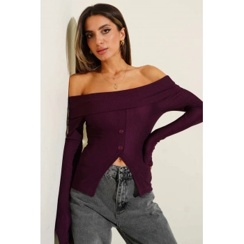 ÇOK SATAN Madonna Yaka Düğmeli Bluz Mürdüm t4329