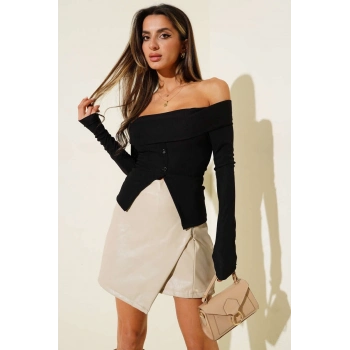 ÇOK SATAN Madonna Yaka Düğmeli Bluz siyah t4329