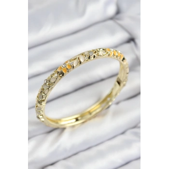 ÇOK SATAN Mineli Pirinç Zirkon Taşlı Sarı Krem Çiçek Motifli Gold Kadın Kelepçe