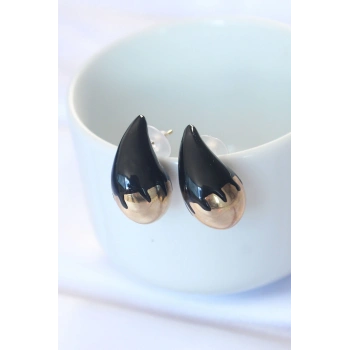 ÇOK SATAN Minimal Siyah Mineli Çift Renk Damla Küpe