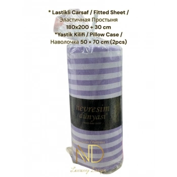 ÇOK SATAN Nevresim Dünyası Çizgili Çift Kişilik Fitted Micro Saten Çarşaf ve 2 Yastık Kılıfı Mor