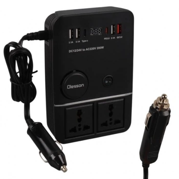ÇOK SATAN Olesson 1661 Dc 12-24v 200w Oto Araç Power İnverter 2x Çakmak Girişi - 2x Type-c - 4x Usb - 2x 220v Üniversal Priz