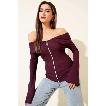 ÇOK SATAN Omzu Açık Fermuarlı Bluz Mürdüm T4330