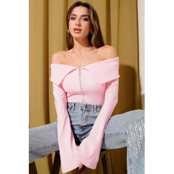ÇOK SATAN Omzu Açık Fermuarlı Bluz pembe T4330