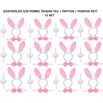 ÇOK SATAN Pembe Tavşan Kostüm Seti – Taç, Papyon, Ponpon (12’li Paket)