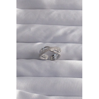 ÇOK SATAN Pirinç Ayarlamalı Gümüş Renk Zirkon Taşlı Çapraz Görünüm Yüzük