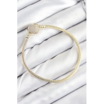 ÇOK SATAN Pirinç Charm Zirkon Taşlı Kalp Model Gold Renk Kadın Bileklik