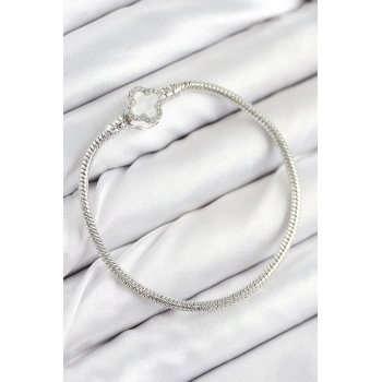 ÇOK SATAN Pirinç Charm Zirkon Taşlı Yonca Model Gümüş Renk Kadın Bileklik