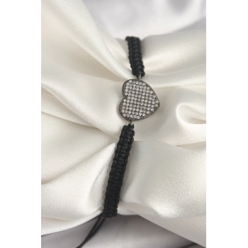 ÇOK SATAN Pirinç Füme Renk Zirkon Taşlı Kalp Figür Asansörlü Makrome Model Kadın Bileklik