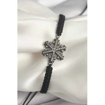 ÇOK SATAN Pirinç Füme Renk Zirkon Taşlı Kar Tanesi Figür Makrome Asansörlü Model Kadın Bileklik