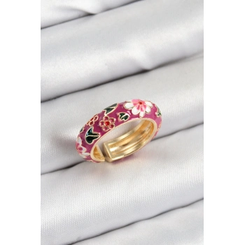 ÇOK SATAN Pirinç Fuşya Mineli Çiçek Motifli Gold Renk Ayarlanabilir Kadın Yüzük