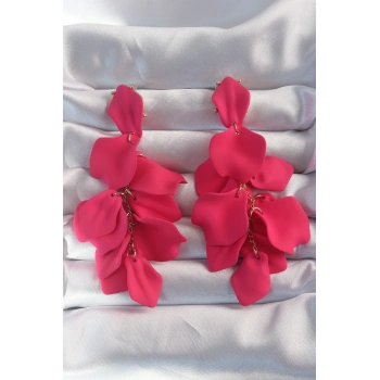 ÇOK SATAN Pirinç Fuşya Renk Sallantılı Yaprak Model Küpe