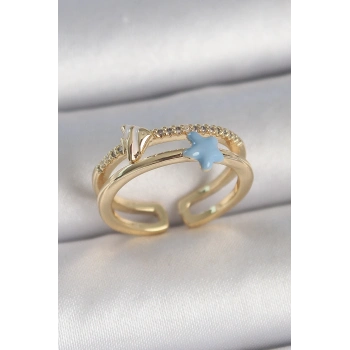 ÇOK SATAN Pirinç Gold Renk 2Li Zirkon Taşlı Mavi Yıldız Figür Ayarlanabilir Kadın Yüzük