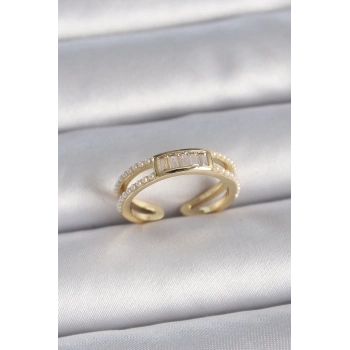 ÇOK SATAN Pirinç Gold Renk Ayarlanabilir Sıralı İncili Zirkon Taş Detaylı Kadın Yüzük