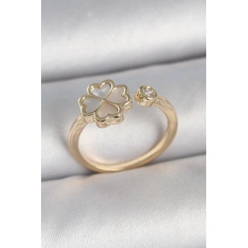 ÇOK SATAN Pirinç Gold Renk Beyaz Mineli Yonca Model Zirkon Taş Detay Ayarlanabilir Kadın Yüzük