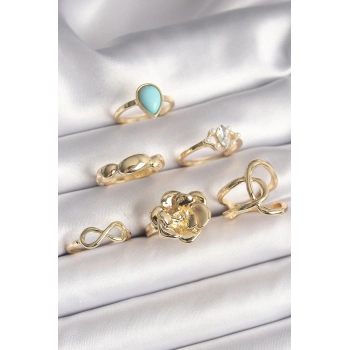 ÇOK SATAN Pirinç Gold Renk Çiçek Model Model Sonsuzluk Zirkon Taş Detaylı 6Lı Kadın Yüzük Seti