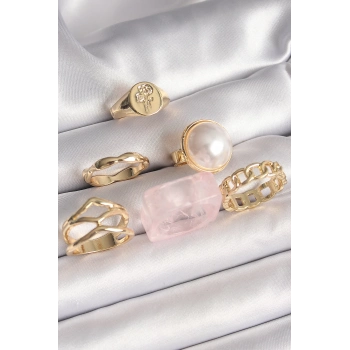 ÇOK SATAN Pirinç Gold Renk Daire 3D İncili Figür Zincir Model Gül İşleme Detaylı 6Lı Kadın Yüzük Seti