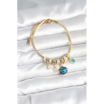 ÇOK SATAN Pirinç Gold Renk Dünya Charmlı Kadın Bileklik