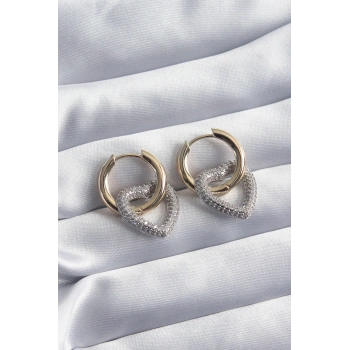 ÇOK SATAN Pirinç Gold Renk Halka Gümüş Zirkon Taşlı Kalp Model VİP Seri Kadın Küpe