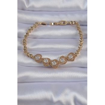 ÇOK SATAN Pirinç Gold Renk İçi Zirkon Taşlı Kalp Figürlü Bileklik