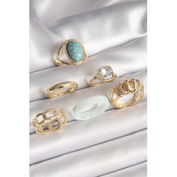 ÇOK SATAN Pirinç Gold Renk Kare Zirkon Taşlı Sarmal Model Mavi Taş Detay 6Lı Kadın Yüzük Seti