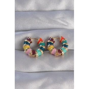 ÇOK SATAN Pirinç Gold Renk Mineli Çok Renkli Kabartmalı Halka Küpe