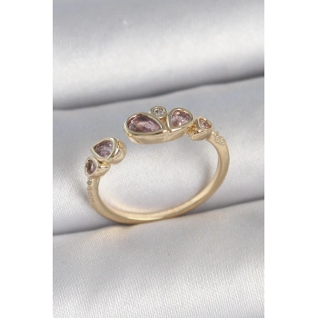 ÇOK SATAN Pirinç Gold Renk Pembe Damla Zirkon Taşlı Ayarlanabilir Kadın Yüzük