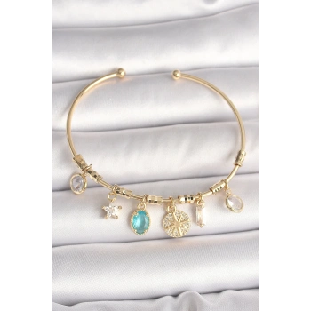 ÇOK SATAN Pirinç Gold Renk Sallantı Zirkon Taş Detaylı Pusula Figür Charm Kadın Bileklik