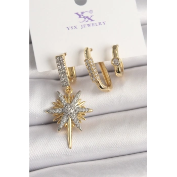 ÇOK SATAN Pirinç Gold Renk Sallantı Zirkon Taşlı Kutup Yıldız Model 3Lü Kadın Kombin Küpe