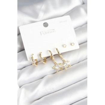 ÇOK SATAN Pirinç Gold Renk Yıldız Model 925 Gümüş Çivili Kadın Küpe Seti