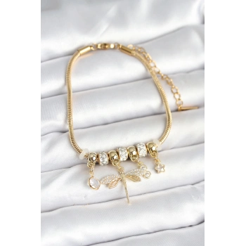 ÇOK SATAN Pirinç Gold Renk Yusufçuk Charmlı Kadın Bileklik