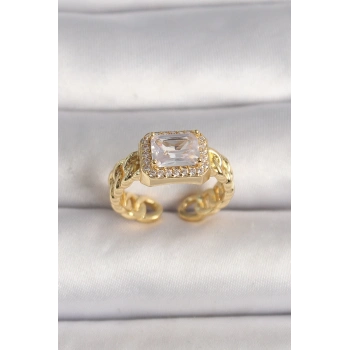 ÇOK SATAN Pirinç Gold Renk Zincir Model Kare Zirkon Taşlı Kadın Yüzük