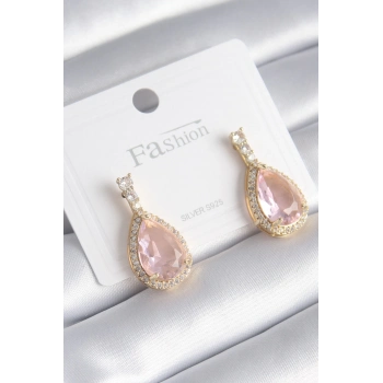 ÇOK SATAN Pirinç Gold Renk Zirkon Taş Detay Damla Pembe Zirkon Taş Model Kadın Küpe