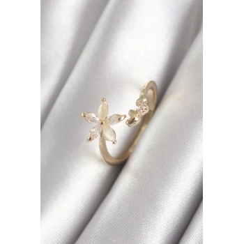ÇOK SATAN Pirinç Gold Renk Zirkon Taşlı Çiçek Model Kalp Detay Kadın Yüzük