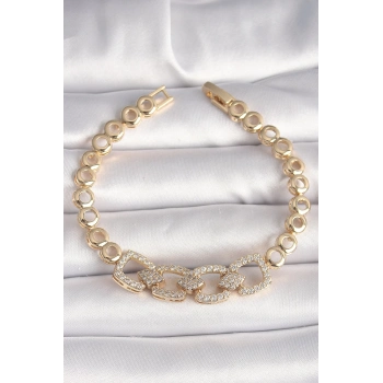 ÇOK SATAN Pirinç Gold Renk Zirkon Taşlı Daire Zincir Model Kadın Bileklik