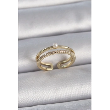 ÇOK SATAN Pirinç Gold Renk Zirkon Taşlı İnci Detay Ayarlanabilir Model Kadın Yüzük