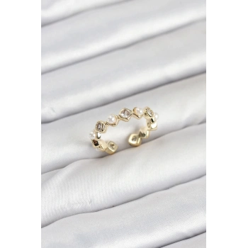 ÇOK SATAN Pirinç Gold Renk Zirkon Taşlı İncili Kadın Yüzük