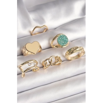ÇOK SATAN Pirinç Gold Renk Zirkon Taşlı Kalp Plaka Figür Mavi Simli Detay 6Lı Kadın Yüzük Seti