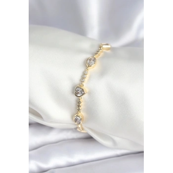 ÇOK SATAN Pirinç Gold Renk Zirkon Taşlı Kalpli Model Kadın Bileklik