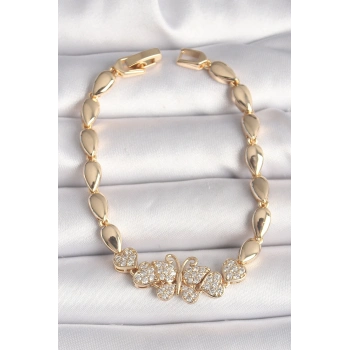 ÇOK SATAN Pirinç Gold Renk Zirkon Taşlı Kelebek Figür Damla Zincir Model Kadın Bileklik