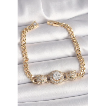 ÇOK SATAN Pirinç Gold Renk Zirkon Taşlı Leopar Figür Zincir Model Kadın Bileklik