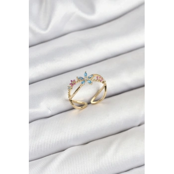 ÇOK SATAN Pirinç Gold Renk Zirkon Taşlı Mavi Çiçekli Kadın Yüzük