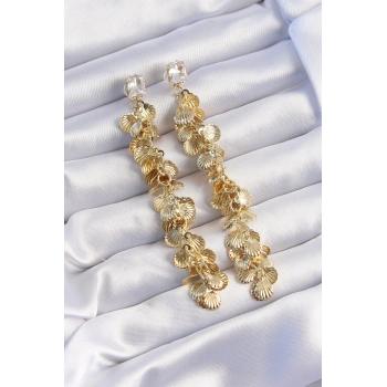 ÇOK SATAN Pirinç Gold Renk Zirkon Taşlı Minimal Deniz Kabuklu Sallantılı Küpe