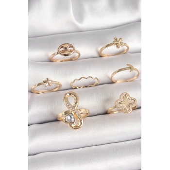 ÇOK SATAN Pirinç Gold Renk Zirkon Taşlı Sonsuzluk Figür Yıldız Detay Kadın Yüzük Kombini