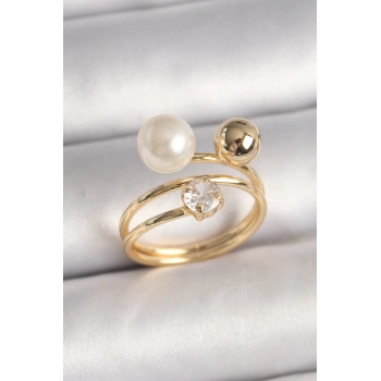 ÇOK SATAN Pirinç Gold Renk Zirkon Taşlı Top İnci Model Kadın Yüzük