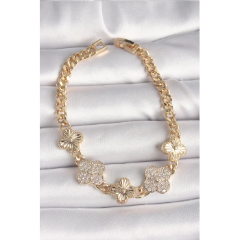 ÇOK SATAN Pirinç Gold Renk Zirkon Taşlı Yonca Model Kadın Bileklik
