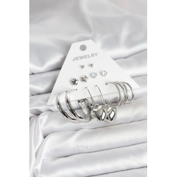 ÇOK SATAN Pirinç Gümüş Renk 6 Çift Kadın Küpe Seti