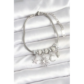 ÇOK SATAN Pirinç Gümüş Renk Ay ve Güneş Charmlı Kadın Bileklik